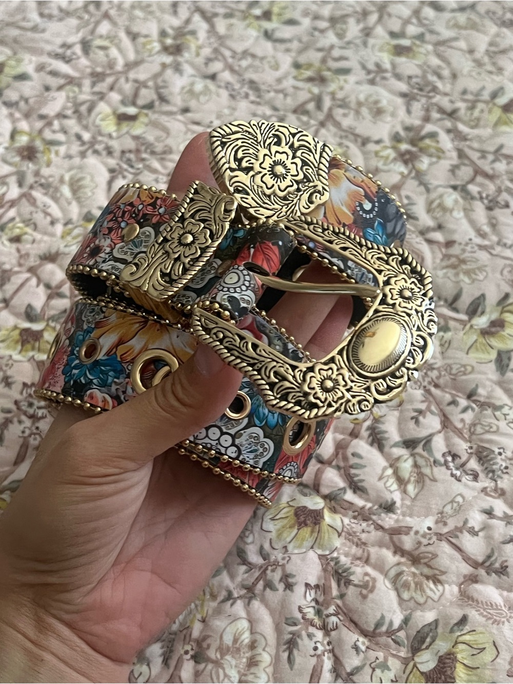 Floral Gold Buckle Women’s Belt - Multicolor